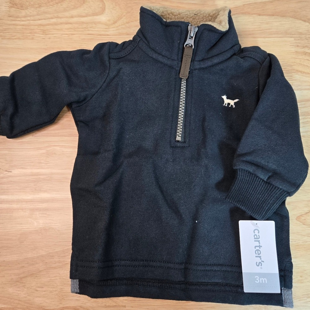 Carters Baby Boys 3M Black Quarter Zip Sherpa Lined Fox Fleece Pullover 225h150